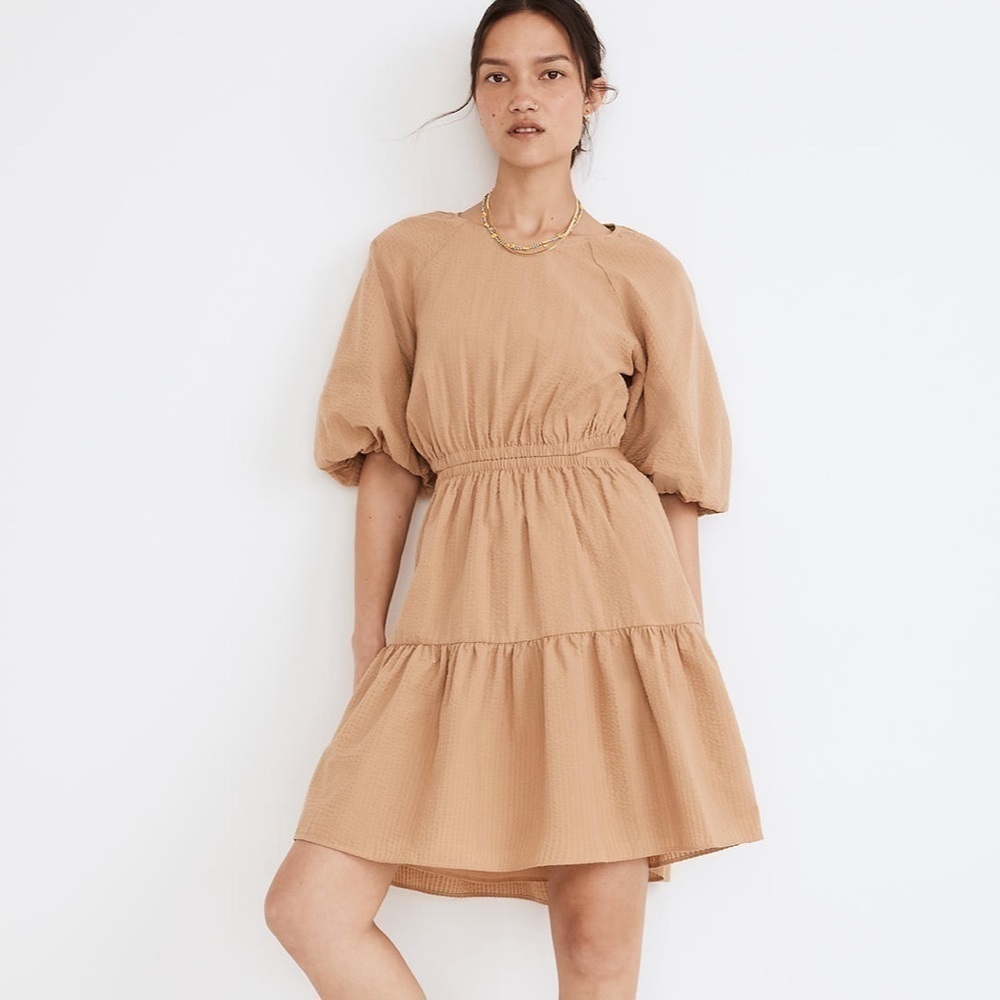 Madewell seersucker puff sleeve cutout mini dress seed khaki